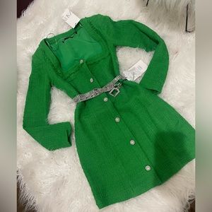 Zara bling button green textured weave green dress